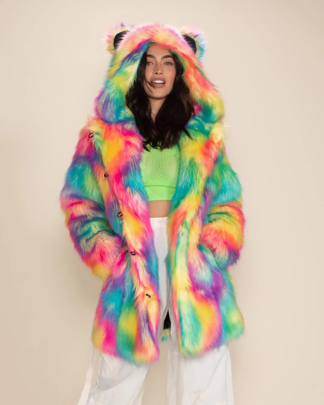 Colorful Personalized Faux Fur Coat Womens Fall And Winter Hooded Thick High Quality