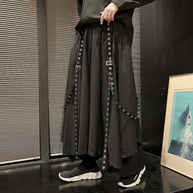 Men Ribbon Dark Black Wide Leg Pants Male Punk Gothic Harem Trousers Kimono Skirt Winter Women Irregular Big Hem Pant 241104