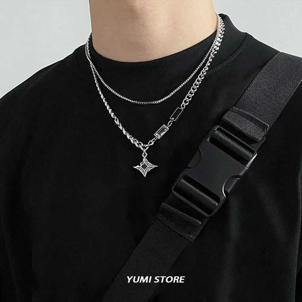 Hip hop zircon star double layered necklace suitable for men trendy charm titanium steel hanging chain unisex jewelry X2411061