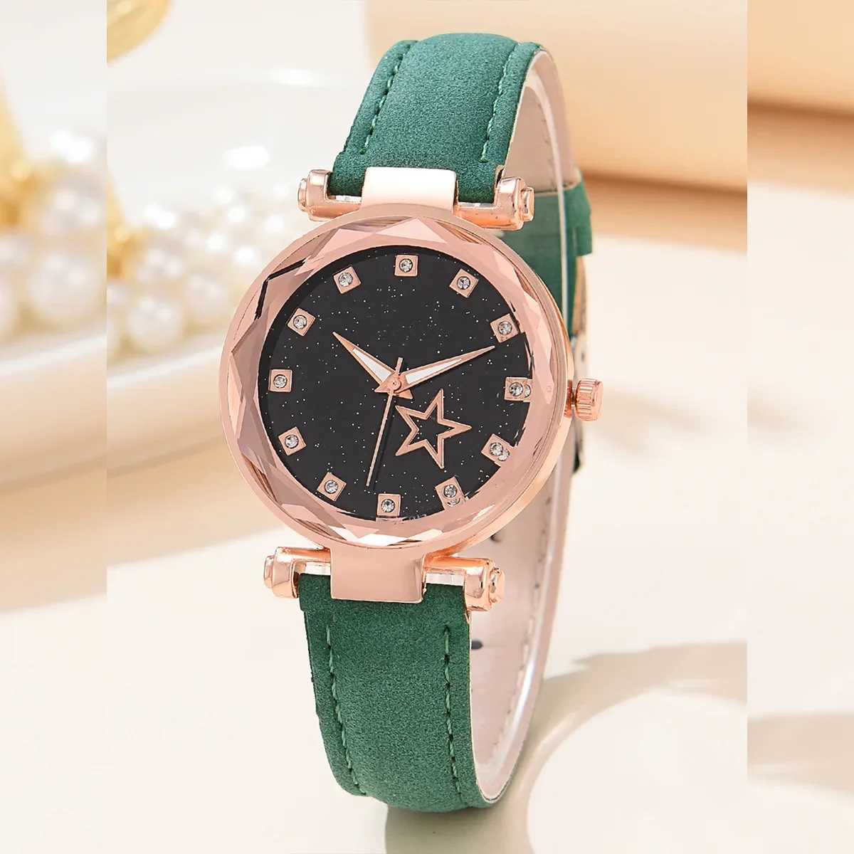 Luxury Quartz Watch Green Necklace Jewelry Set 6pcs Womens New Fashion Simple Designer Moon Star Digital Water Diamond Leather X241106