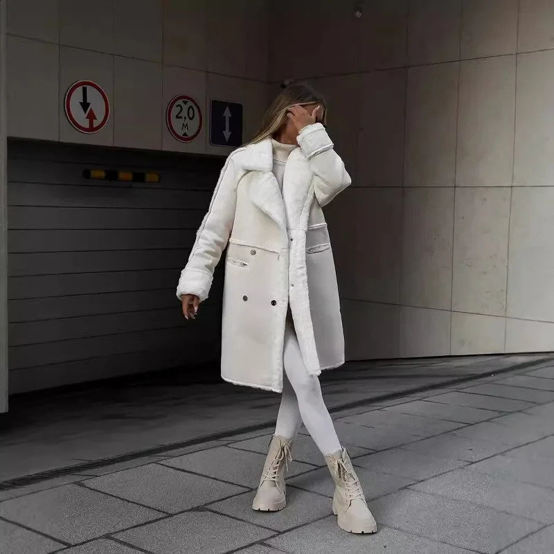 Winter European And American Fur Suede Coat Suit Collar Long Cardigan Sleeved Plush Womens Warm Top 241104