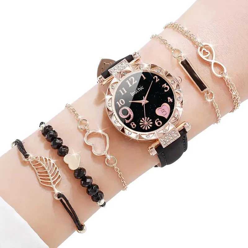 6 pieces/set of Wens watches casual flower quartz watches PU leather watch bracelets Cbination set Wens girl jewelry gifts X241106