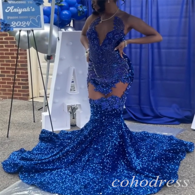 Luxury Sequin Prom Dresses Rhinestone Beaded Mermaid Black Girls Evenin Dress Plus Size Glitter African Birthday Gown Gorgeous Robe De Soiree Formal O