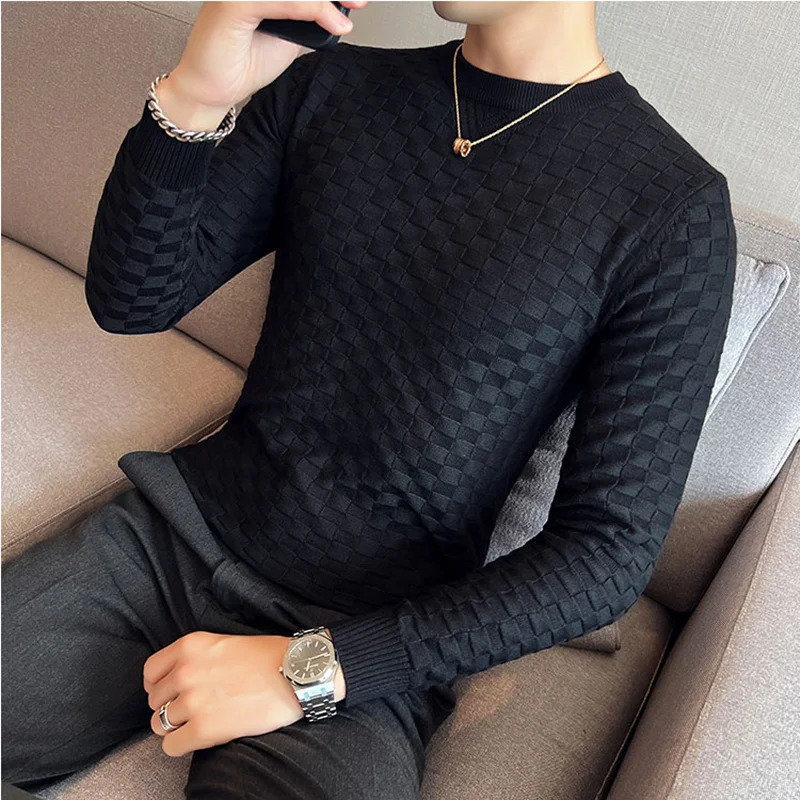 Autumn Winter Stretch Jacquard Woven O-Neck Sweater Mens Waffle Slim Fit Long Sleeve Knitted Pullovers Casual Streetwear Homme 241106