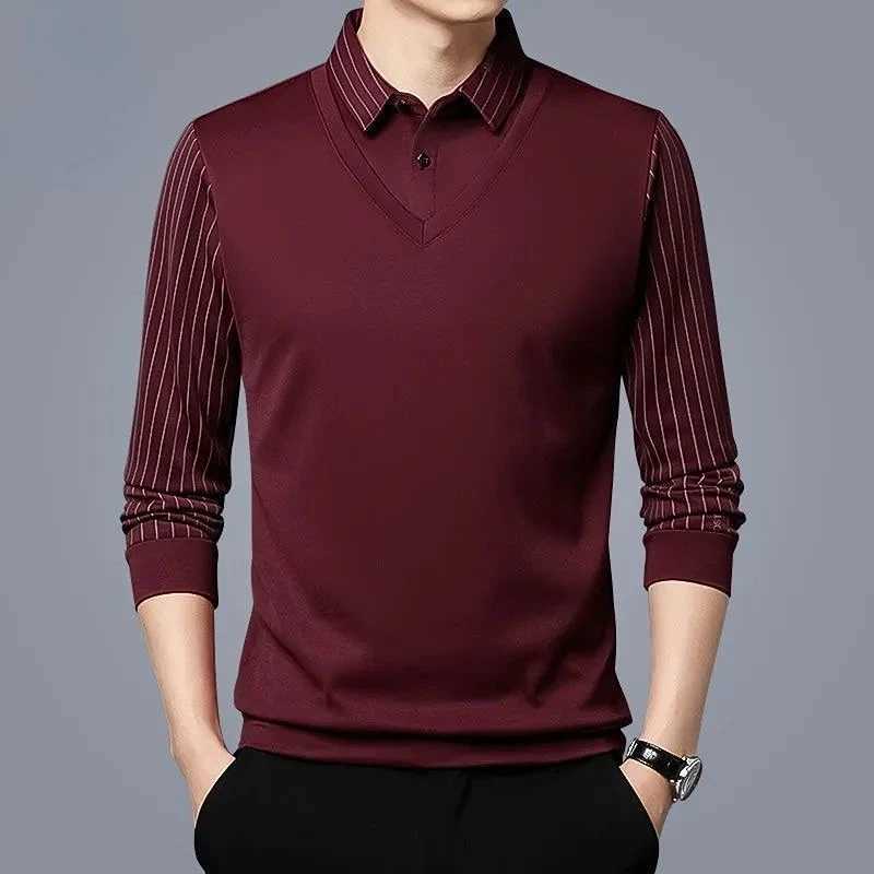 New mens T-shirt lapel spring autumn long Sve button striped print fashionable Ts casual top W241106