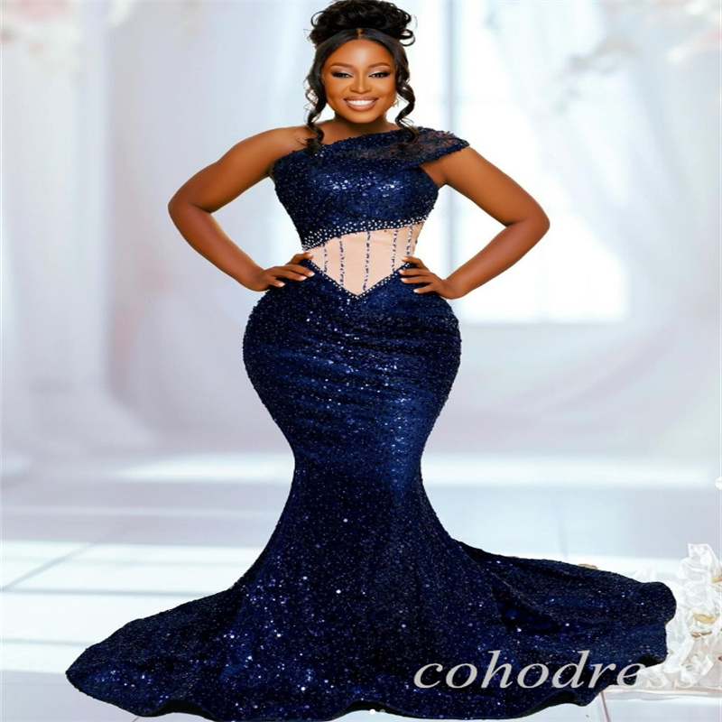 Navy Blue South African Prom Dresses 2025 One Shoulder Plus Size Sequin Evening Dress Black Women Mermaid Formal Occasion Dress Elegant Birthday Wear