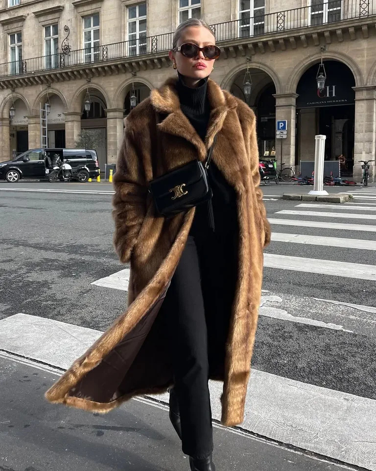 Womens Thick Brown Faux Fur Long Overcoat Fashion Fleece Warm Trench Coats Winter Fluffy Plush Street Outerwear 241104