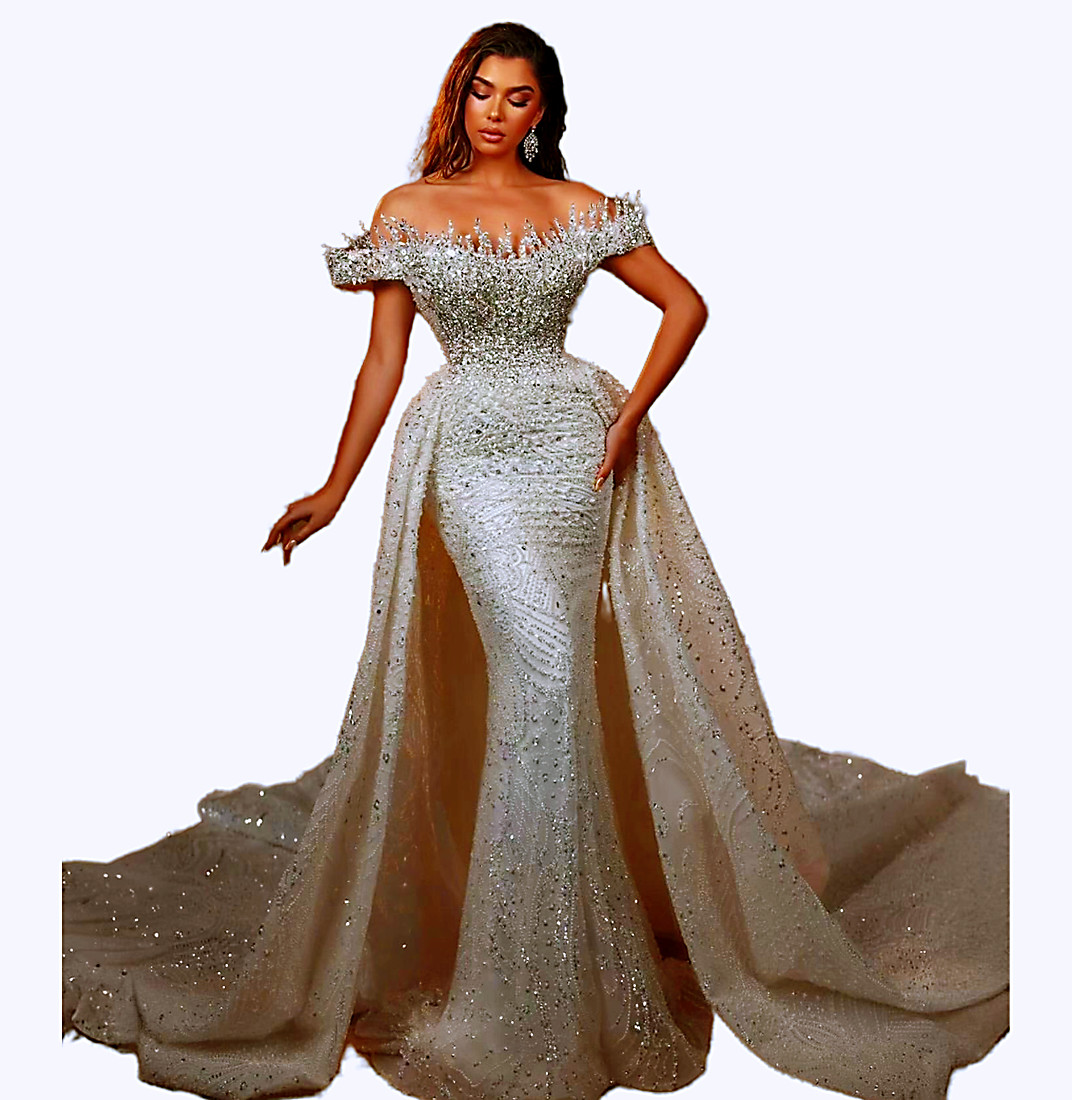 2024 Arabic Aso Ebi Plus Size Ivory Mermaid Wedding Dresses Lace Rhinestones Detachable Train Vintage Sparkly Elegant Bridal Gowns Dress