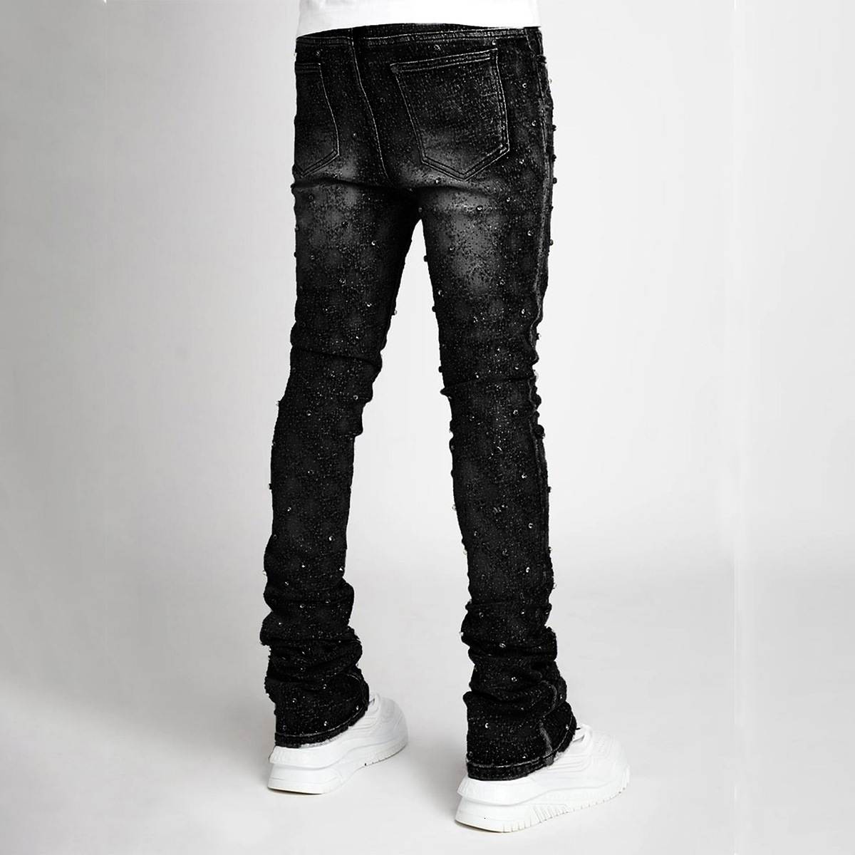 designer jeans men's denim fashion personality straight leg men's pants european and american fashion Instagram hot item elastic pearl denim