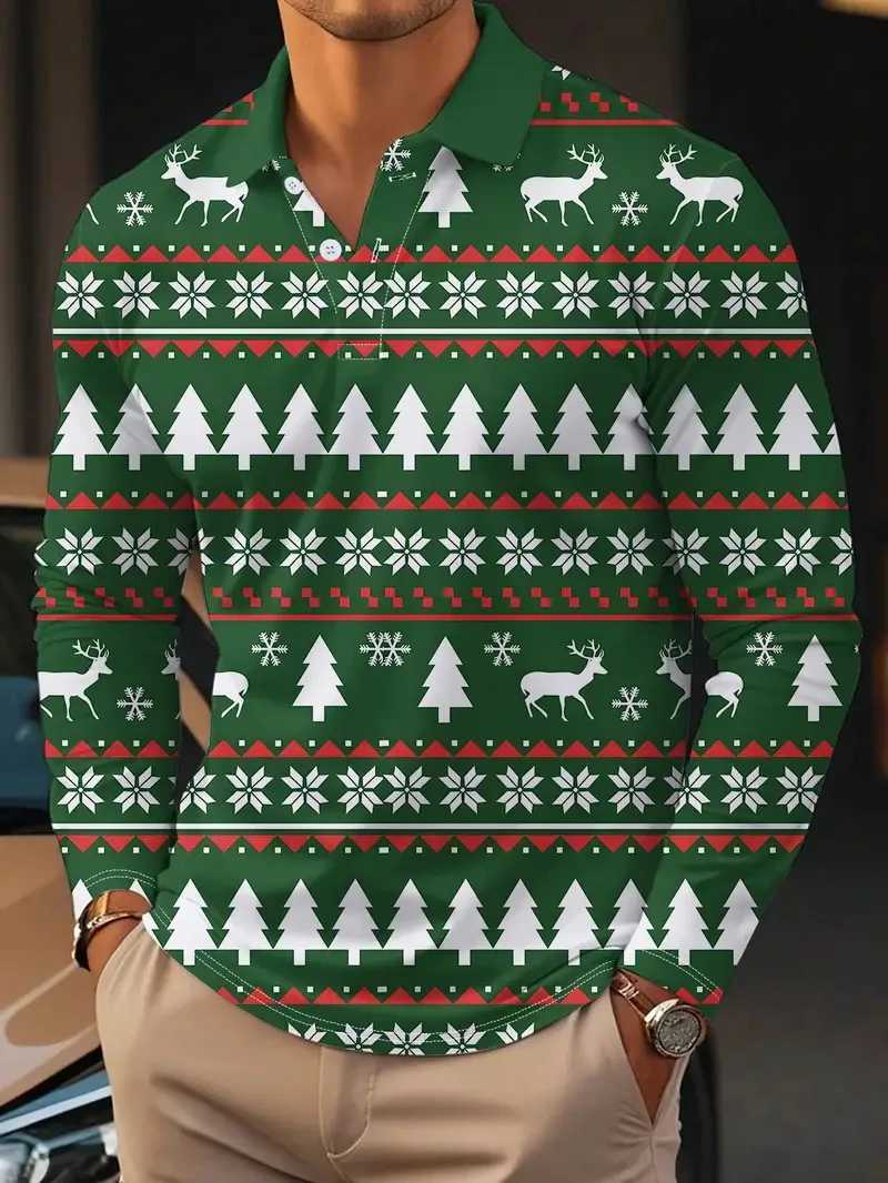 Full print Christmas graphic long Sve mens shirt casual super large city collar shirt mens T-shirt top W241106