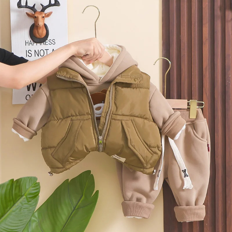 Winter Baby Hooded Cotton Coat Long Sleeve Set for Boys and Girls Vest with Velvet and Thickened Casual Three Piece Set 241106