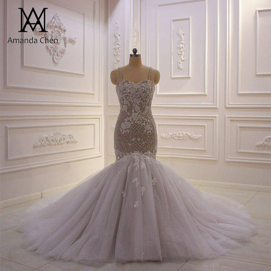 hochzeitskleid Spaghetti Straps Lace Appliqued Mermaid Wedding Dress