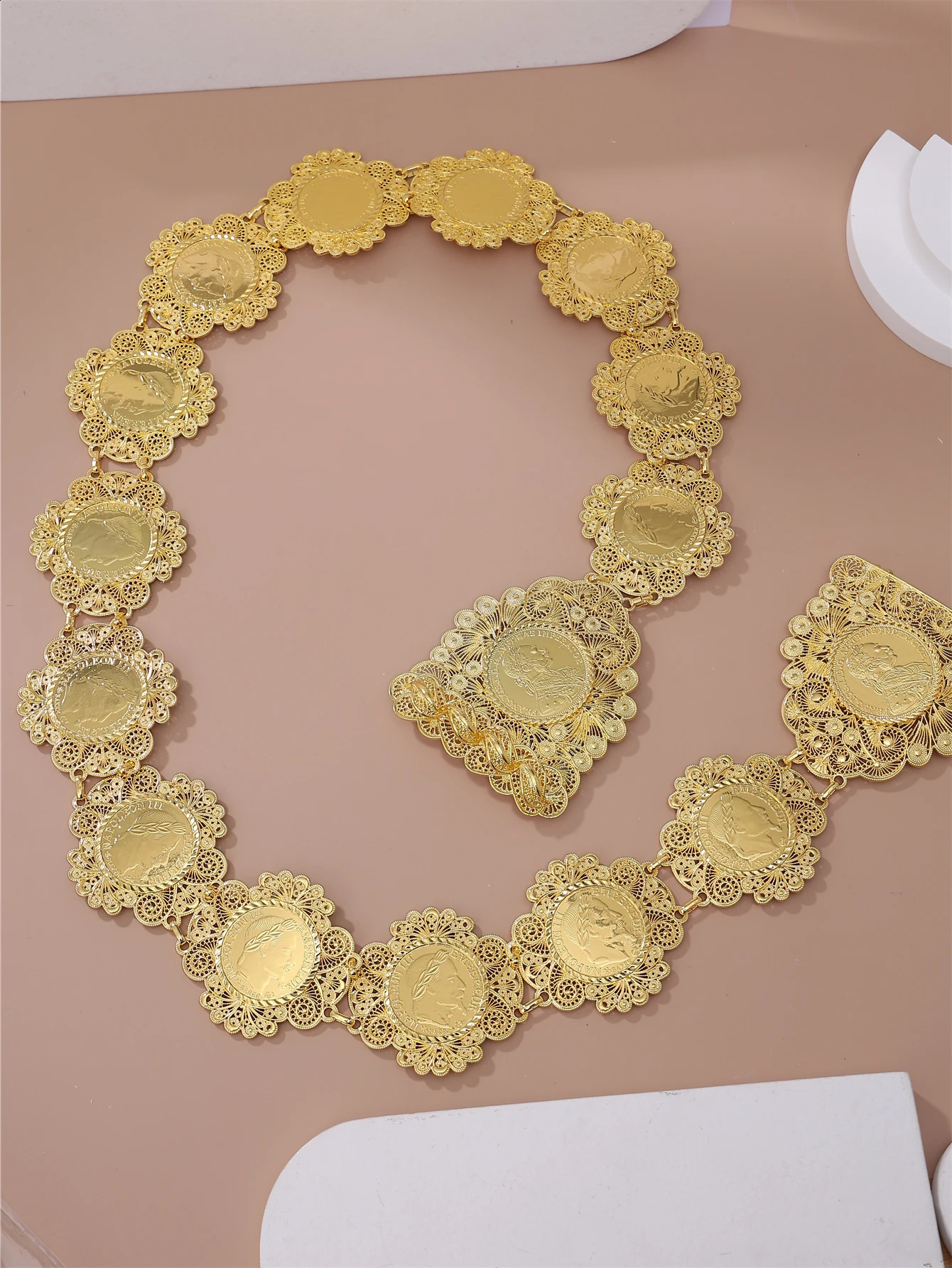 Algerian Coin Bridal Belt Gold Plated Metal Hand-Made Fine Carved Napoleon Head Arab Traditional Festival Dress Waist Chain Jewe 240329bj