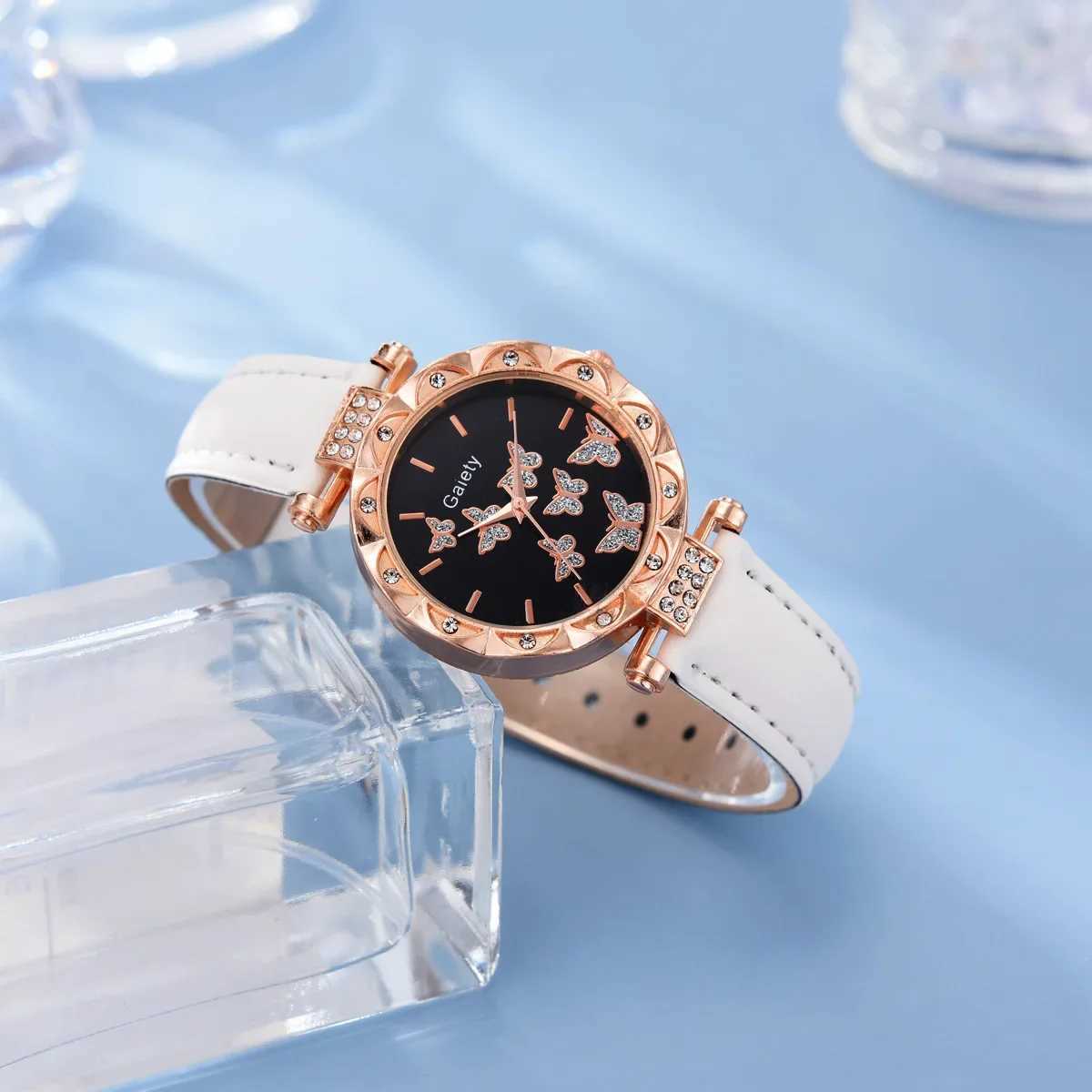 6/1-piece thermometer ring necklace earring bracelet set leather strap womens quartz watch (no box) X241106