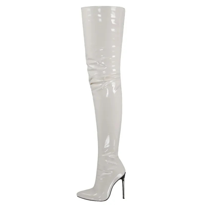 Sexy Point Toe High Boots 12cm Metal Stiletto High Heels Womens Patent Leather Set Party Boots Knee High Boots Plus 47 48241106