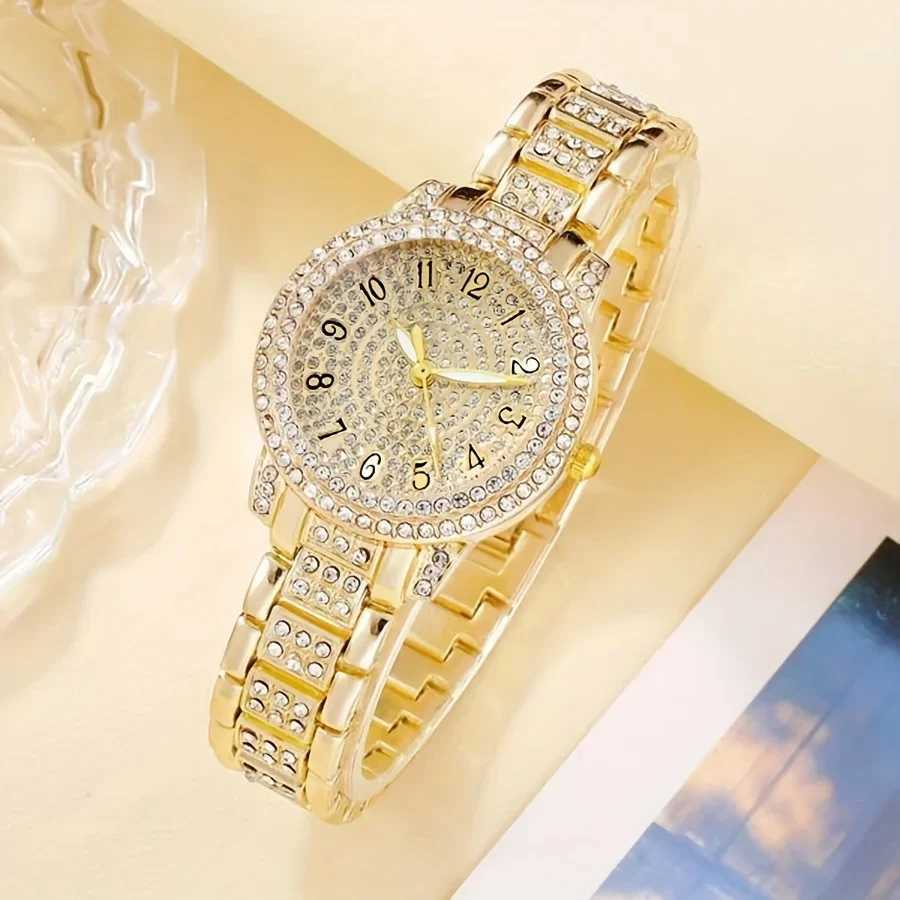 Luxury rhinestone quartz watch hip-hop fashion simulation watch 5-piece jewelry set a gift for Wenhe X241106