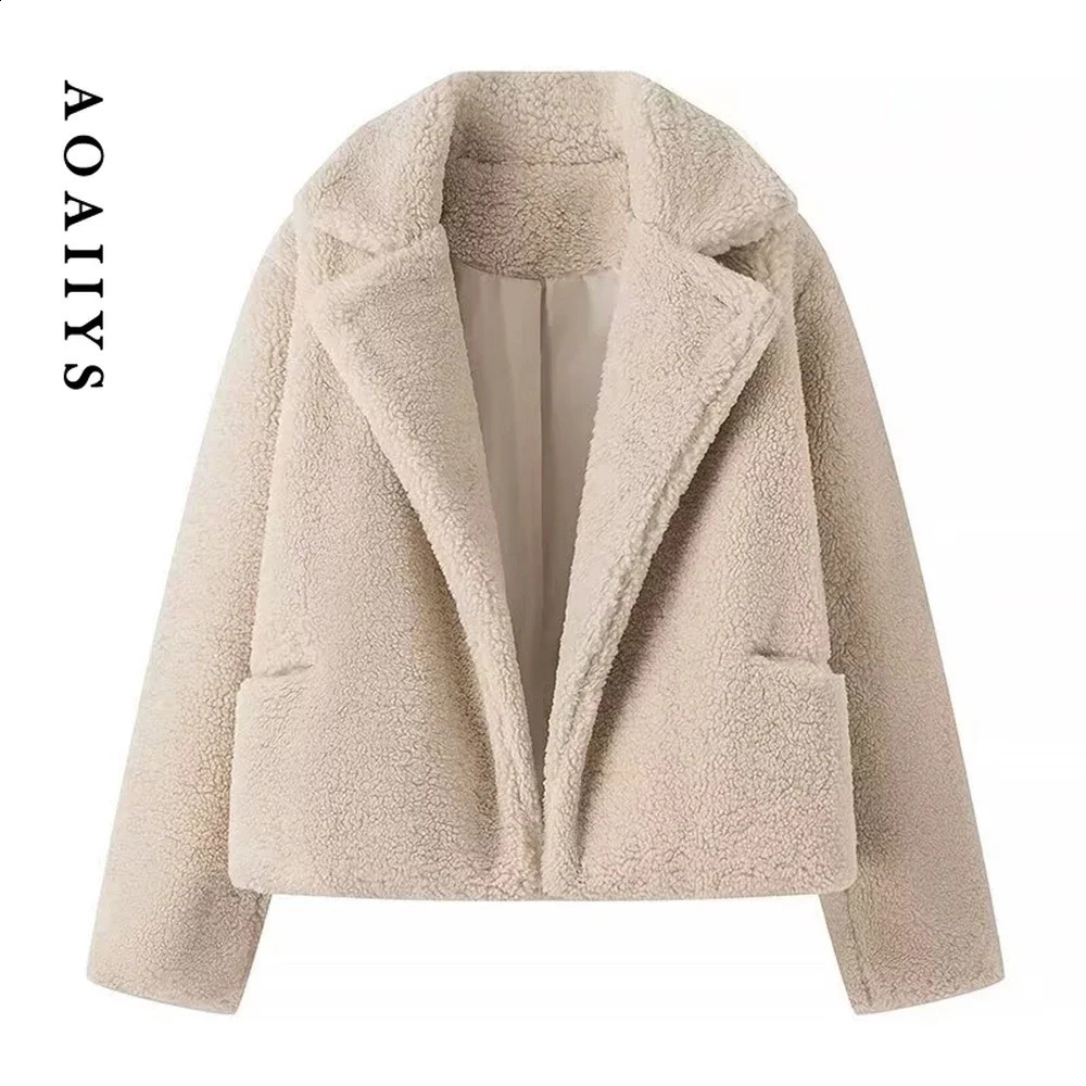 Aoaiiys Jackets Women Lamb Faux Fur Coats Autumn Winter Thick TurnDown Collar Jacket Loose Pockets Long Sleeve Warm Outerwear 241104