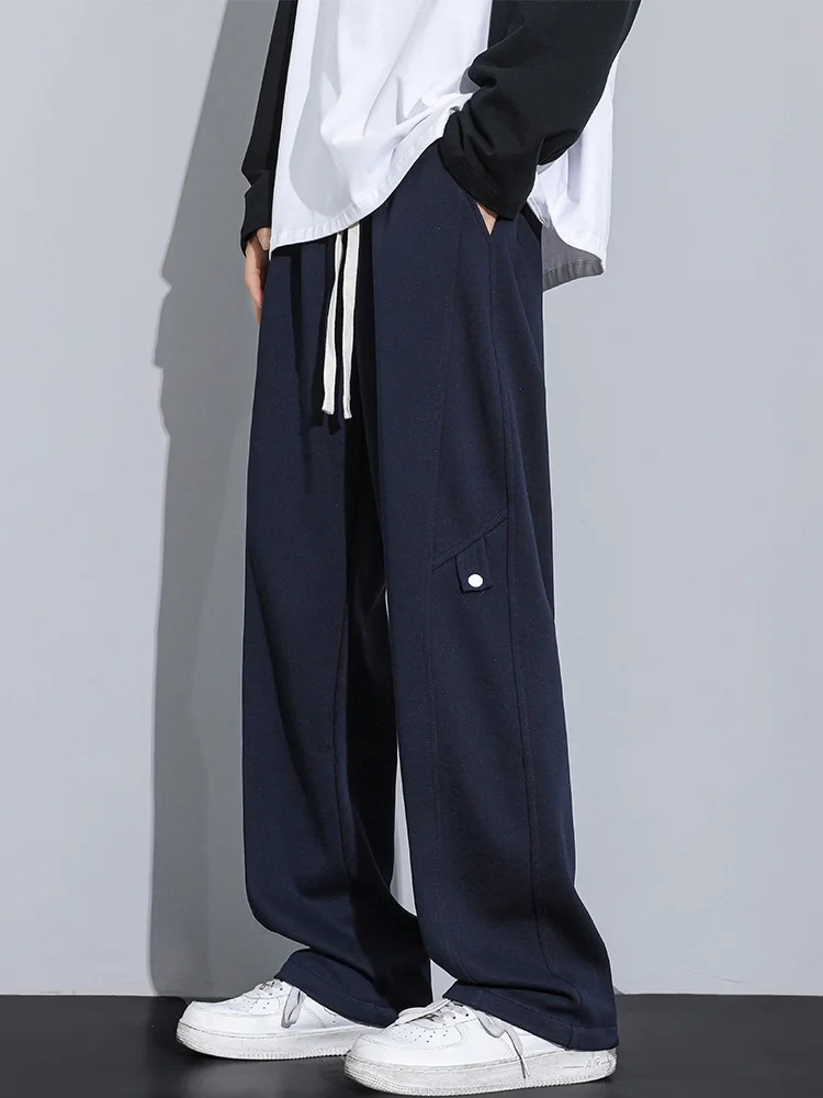 Autumn Mens Sweatpants Korean Fashion Solid Color String Banding Wide Leg Track Pants Straight Loose Cotton Trousers 241104