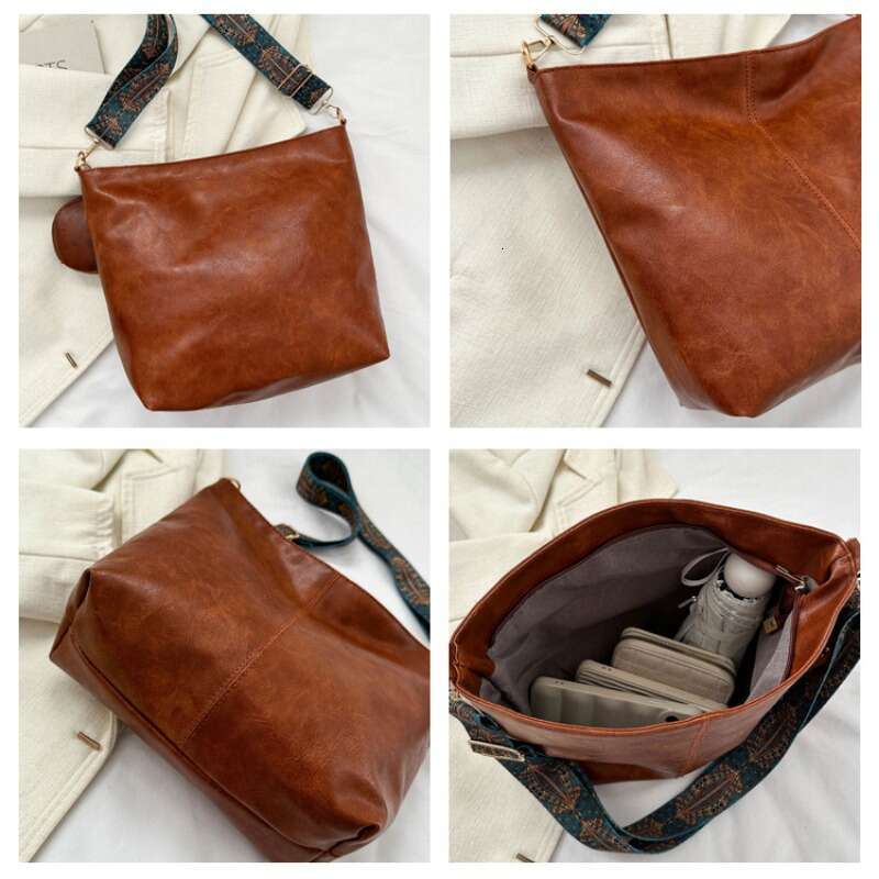 Designer Bag Vintage Solid Color Women Fashion PU Leather Shoulder Sling Bag High-Capacity Simple Wide Strap Bucket Crossbody Bag