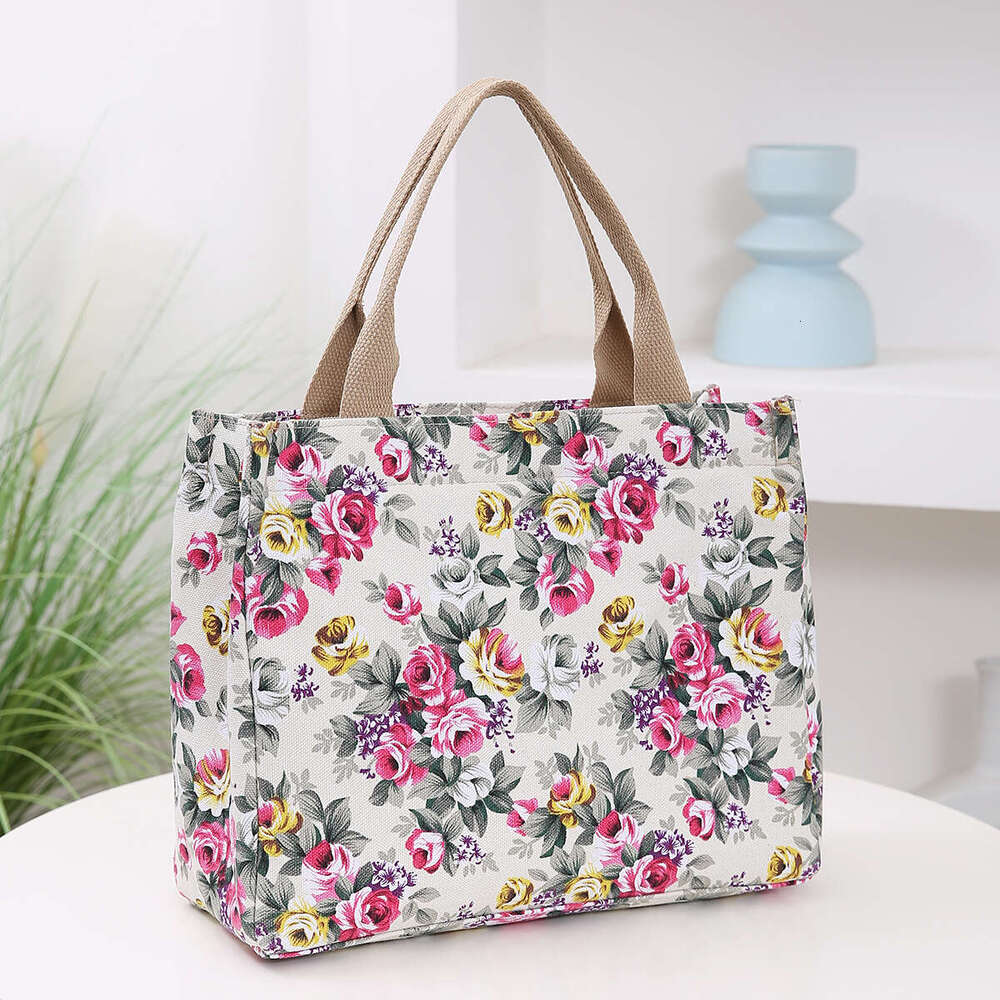 Designer Bag Fashion Floral Print Tote Bag, Portable Canvas Lunch Bag, Women's Casual Handbag & Bento Mommy Bag For Picnic Travel