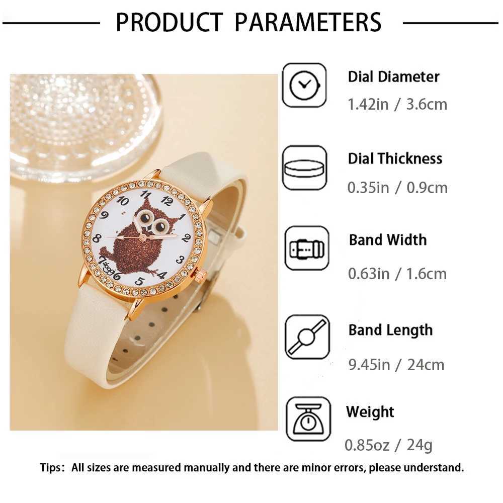 The trend of 5-piece set and Versatile Academy leather inlaid diamond watch cartoon owl quartz watch X241106