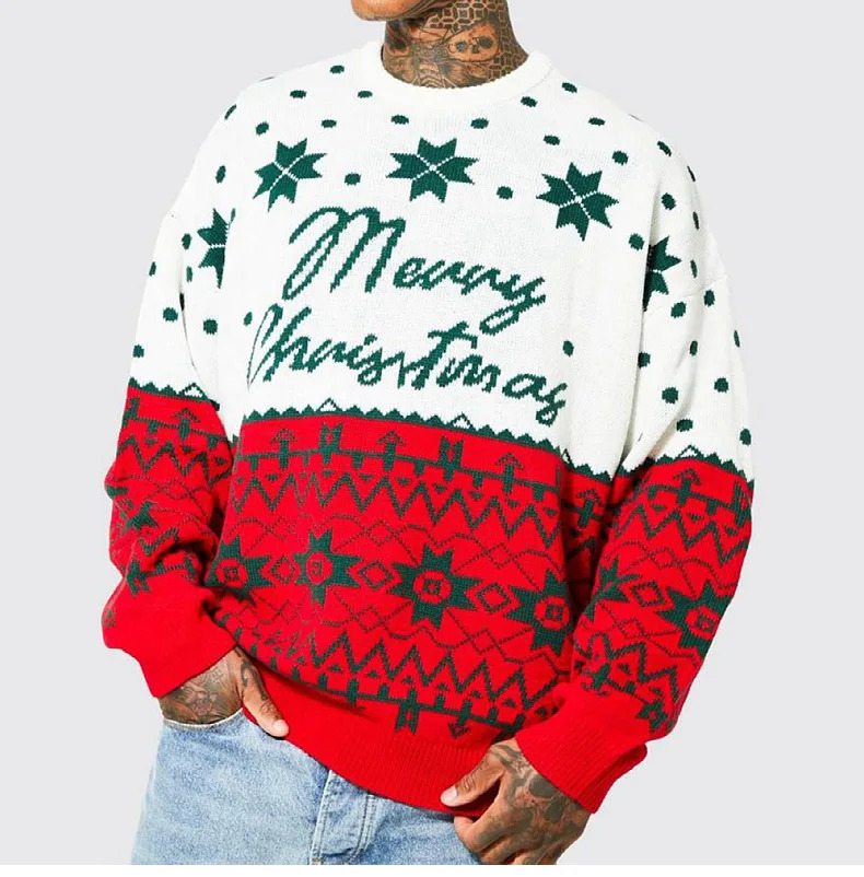 European and American Mens Fashion Knitted Jacquard Loose Round Neck Pullover Sweater for Autumn and Winter and Christmas. 241106