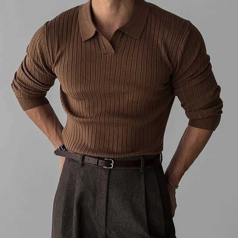 New Autumn Mens Light Luxury Collar Knitted Shirt Solid Color Long Sved Pulling Flower Leisure Knitted T-shirt W241106
