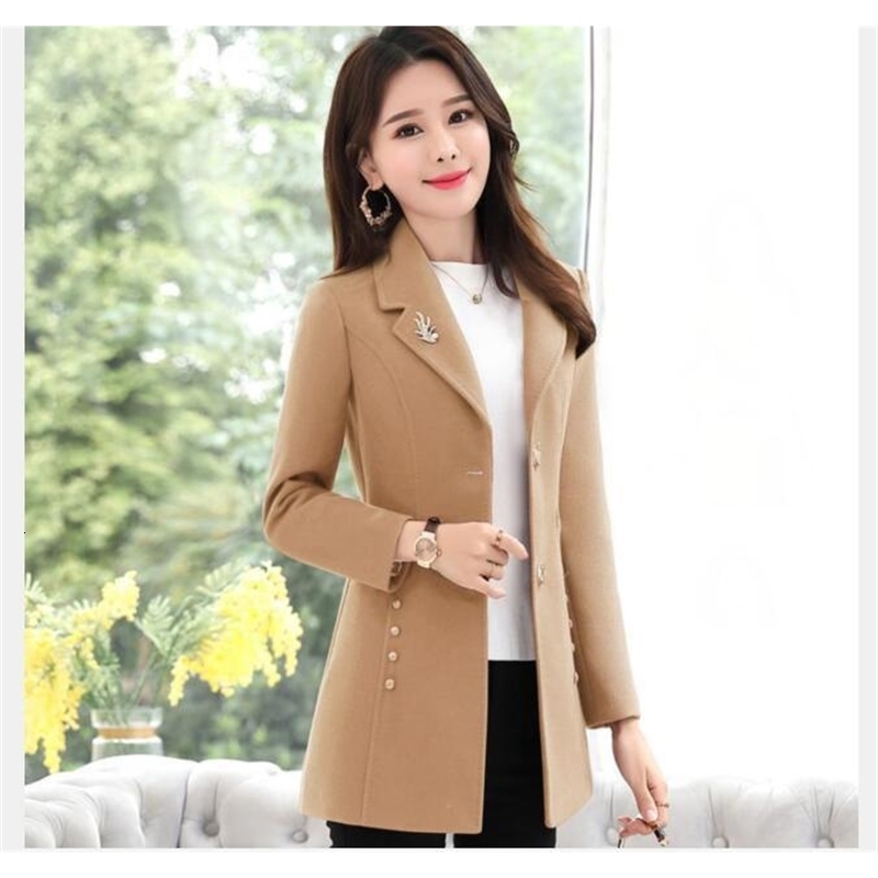 1pcslot vintage style woman wool blend coat female solid vneck autumn winter slim outwear office lady 241105