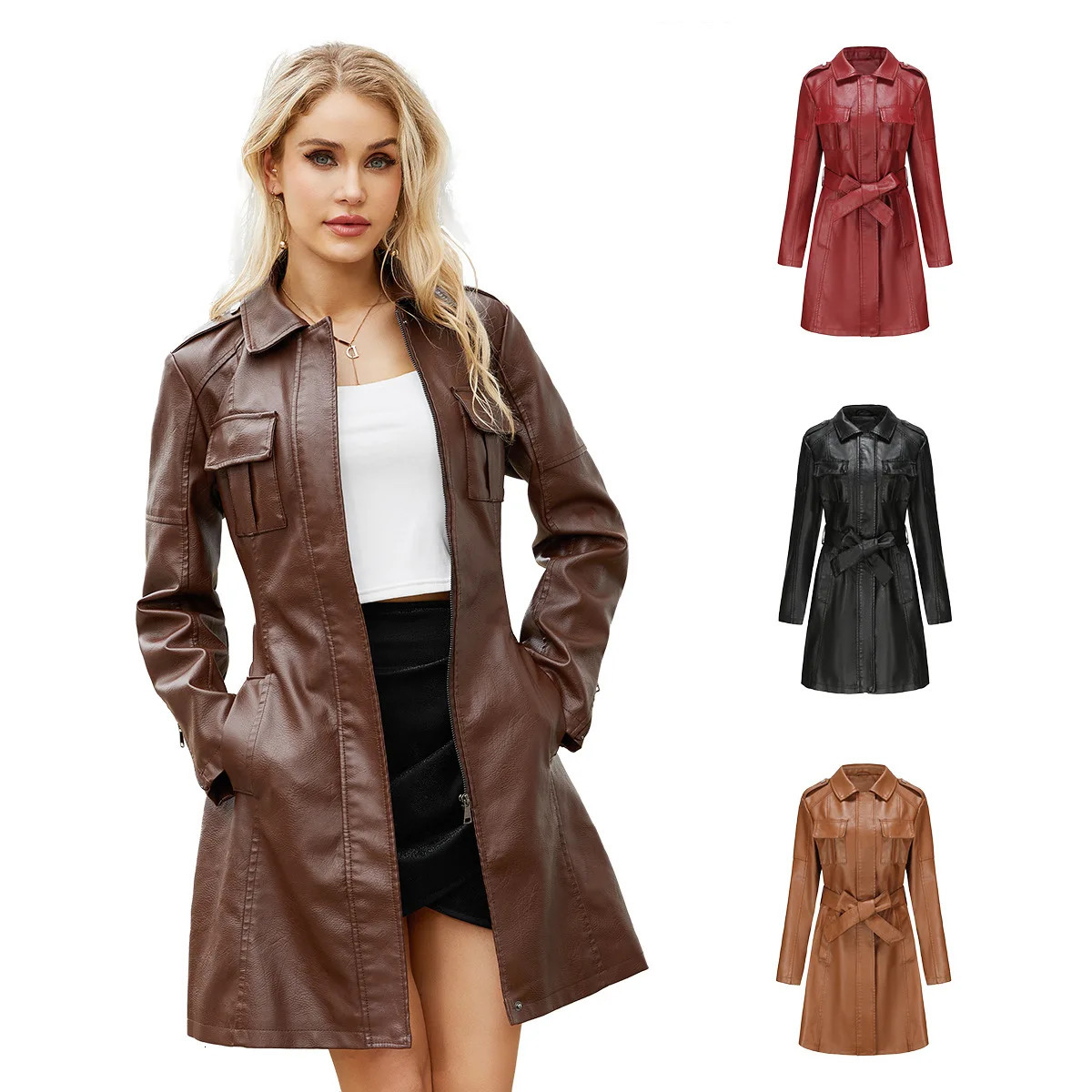 Womens Mid-length Leather Trench Coat with Belt 241106