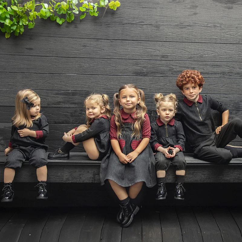 Ali-Plus family denim clothing set black denim children cute girls dress shirt top baby romper for autumn red plaid edge 241106