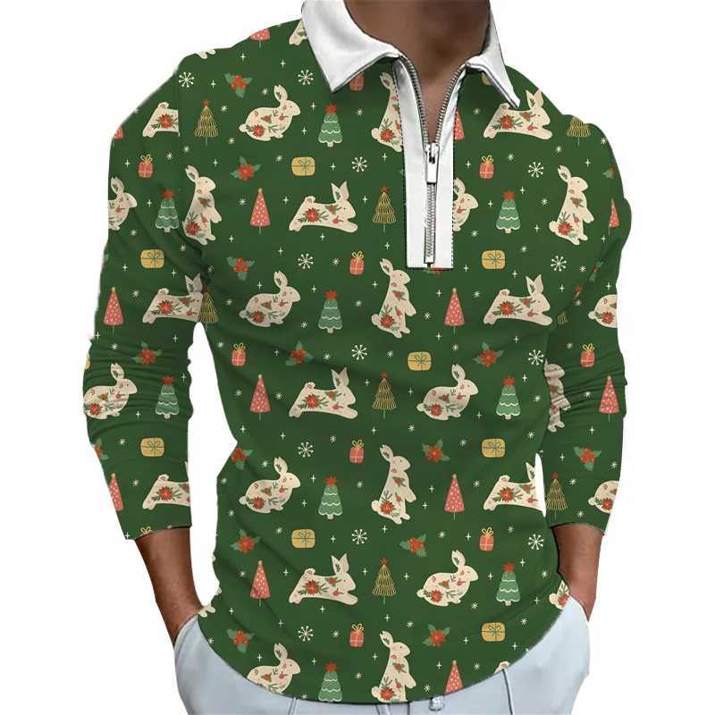 Spring/Summer New Mens Long Sve 3D Digital Printed Christmas Zipper Mens 100% Polyester Fashion Collar Top W241106