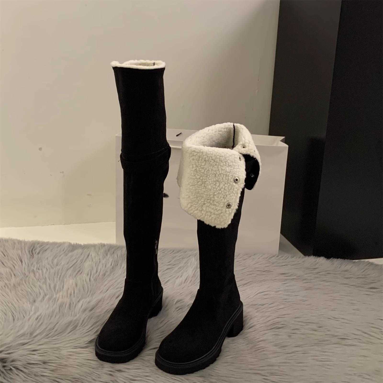 CMM High Heeled Knee High Boots Plush Cotton Boots for Women New Autumn and Winter Snow Boots Long Leg Knight Boots