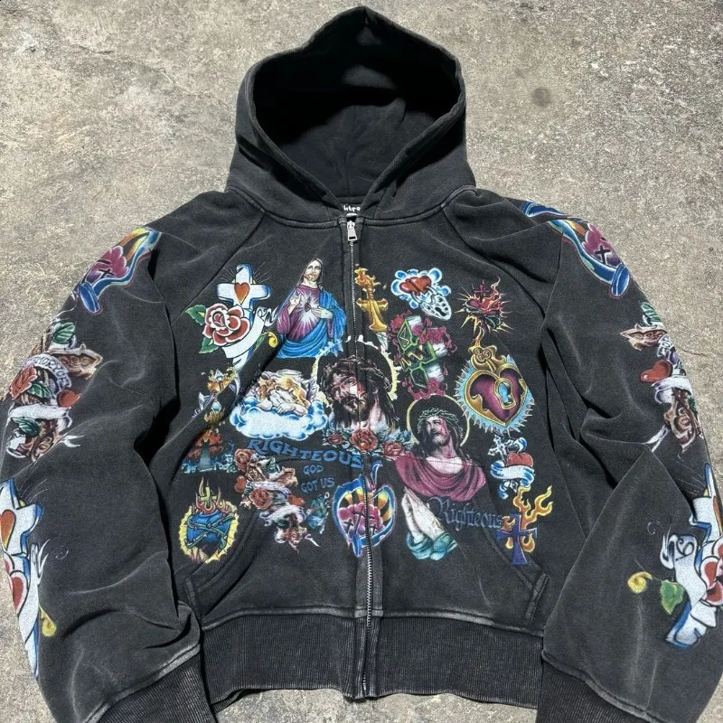 European and American Cartoon Animation Printed Zipper Hoodie for Women Y2k Street Casual Loose Sweatshirt for Men 241105