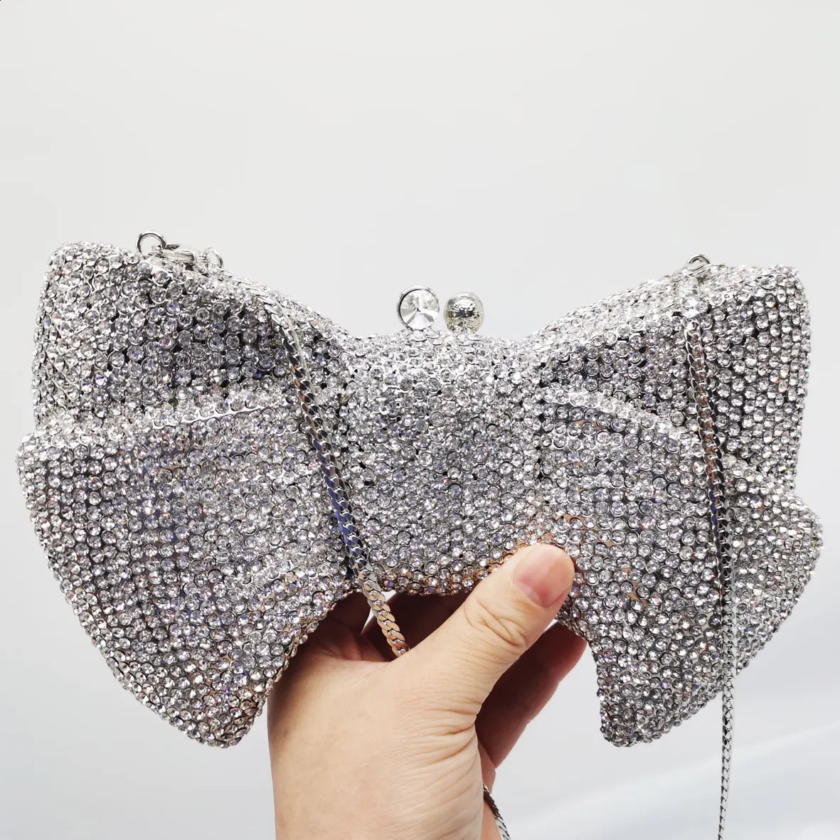 KHNMEET Novel Bow Clutch Crystal Night Bag Silver Bow Water Diamond Womens Handbag Wedding Party Wallet SM95 241031