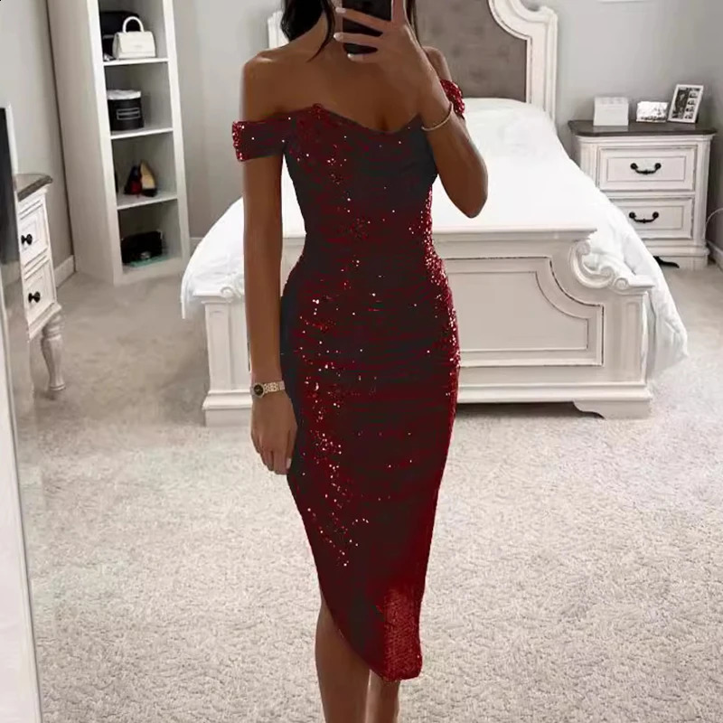Sexy Asymmetrical Shinny Glitter Fold Long Dress Elegant Solid Winter Banquet Dress Women One Shoulder Bodycon Party Dress 241105