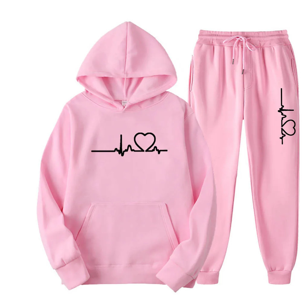 Men And Women Plus Fleece Hoodie Set Autumn And Winter Mens Heart Figure Hoodie Trend Casual Mens Printed Jogging Suit 241106