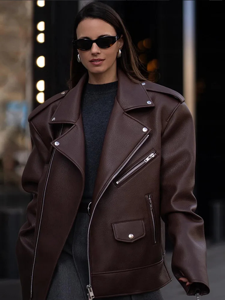 Retro Leather Turndown Collar Womens Jacket Fashion Casual Loose Long Sleeve Zipper Jackets Autumn Vintage Solid Color Coat 241106