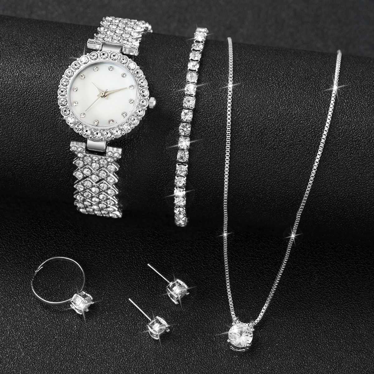 6-piece/set Wens Fashion Watch Luxury Synthetic Diamond Set Stainless Steel Quartz Watch Bracelet Ring Earring Set X241106