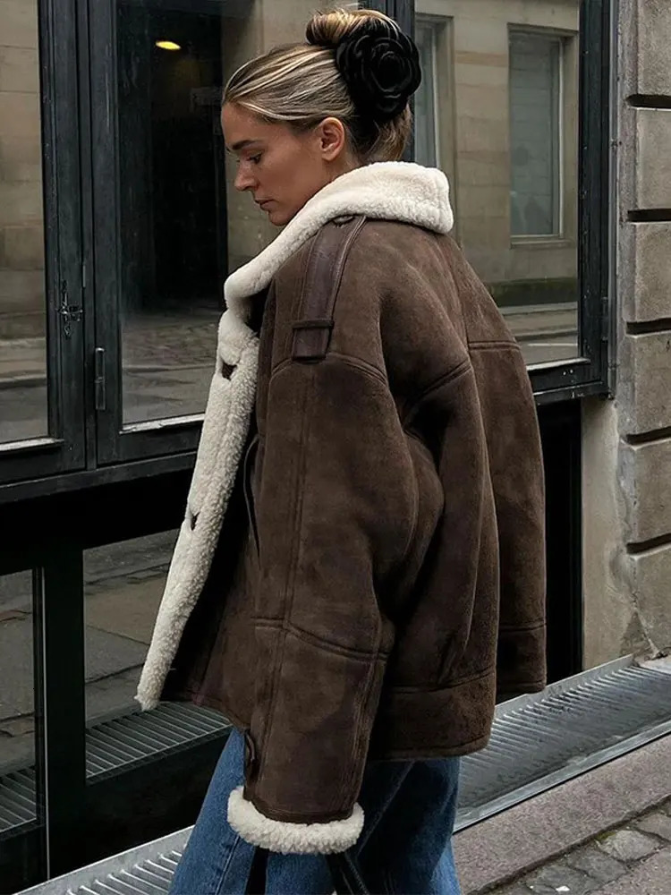 Vintage Khaki Faux Leather Warm Thick Fluffy Coat Women Long Sleeve Big Lapel Single Button Outerwear Autumn Winter Lady Jacket 241106