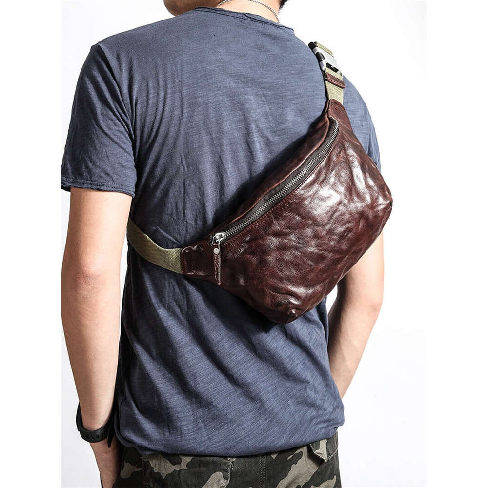 Fashion Vintage Genuine Leather Men Chest Casual Natural First Layer Cowhide Multifunctional Waist Pack Crossbody Bag