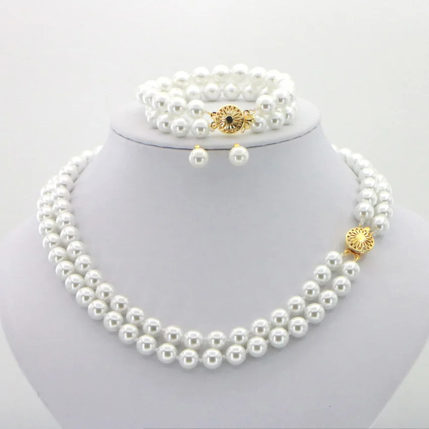 Fashion 2-Row 8mm White Akoya Shell Pearl Round Bead Necklace Bracelet Earring Set Womens Christmas Gift Wholesale Price 241106