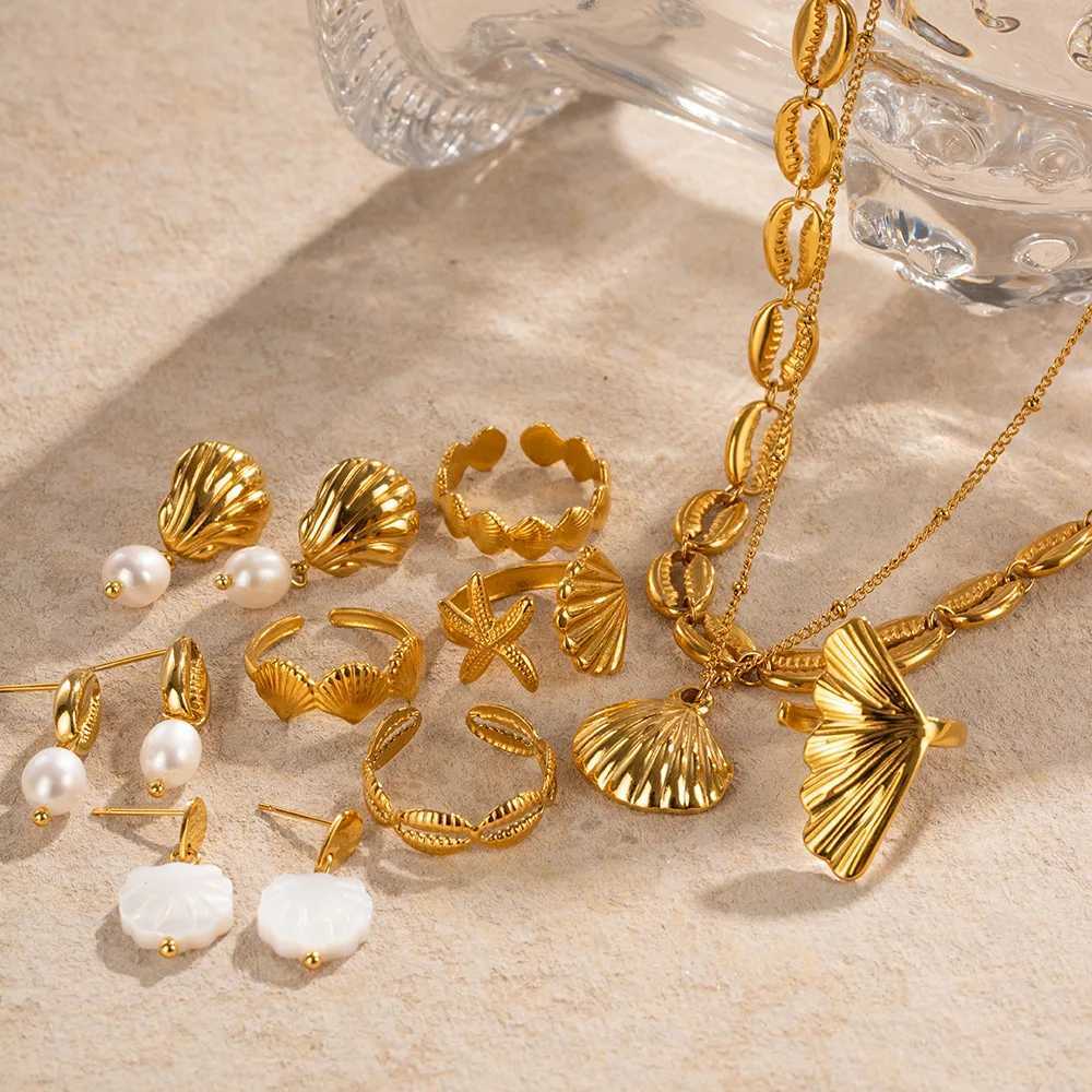 18K PVD galvanized design stainless steel beach resort shell element waterproof pendant necklace/earring metal enchanting jewelry X241106