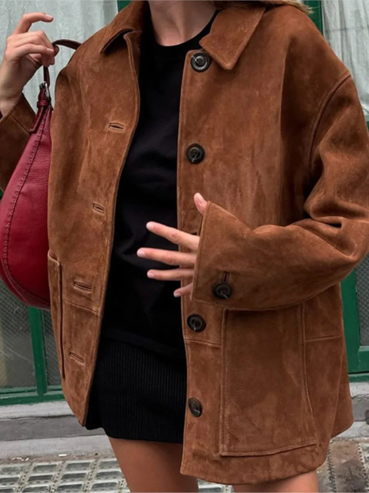 Vintage Brown Suede Womens Jacket Solid Color Single Breasted Shirt Jackets Autumn Fashion Casual Loose Women Outerwear 241106
