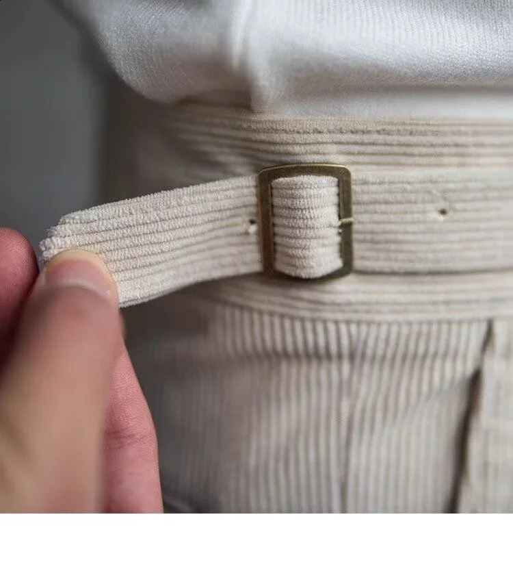 Italian Style Corduroy Naples Suit Pants Men Highwaisted Adjustable Belt Straight Trousers Autumn England Business Casual Pant 241104