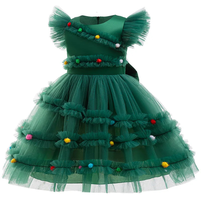 Christmas Girls Bow Polka Dot Applique Mesh Fly Sleeve Princess Dress School Party Fashionable Solid Color Evening Dress 241106