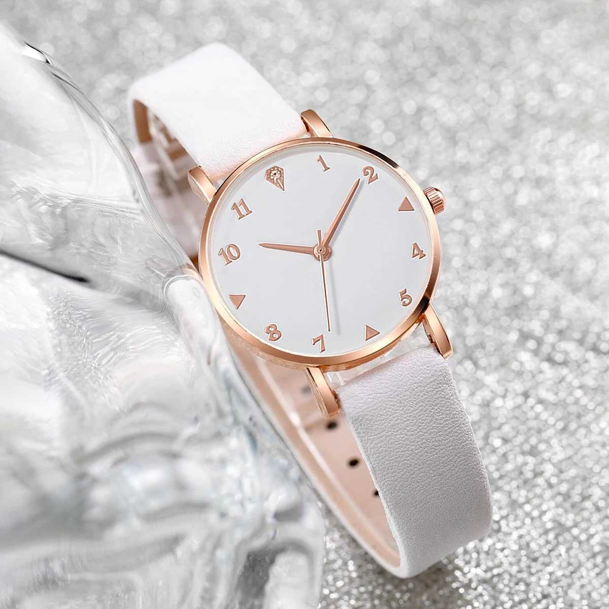 6-piece/set fashion leather strap quartz watch and diamond jewelry set X241106