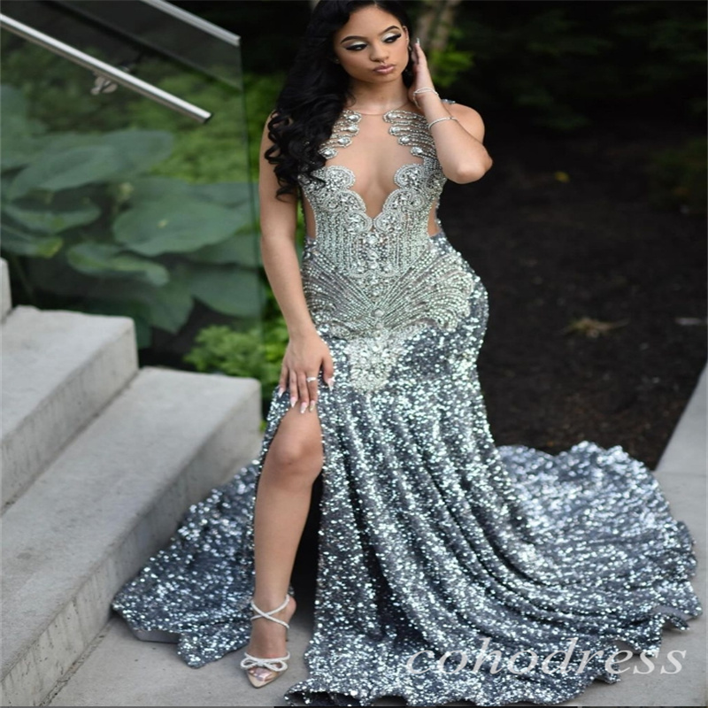 Luxury Gray Sequin Prom Dresses Sparkly Mermaid Slit Glitter Birthday Dress Mermaid Rhinestone Beaded Black Women Evening Dress Vestio De Fiesta 2025