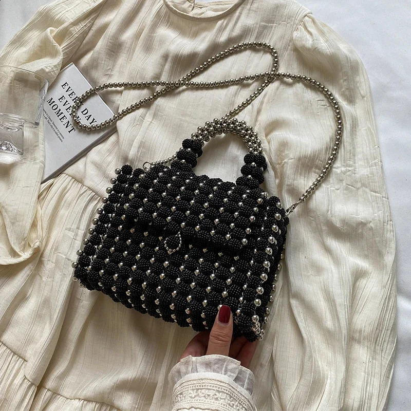 Black small square handbag womens summer bead handbag phone bag coin wallet retro pearl shoulder cross body bag 241105