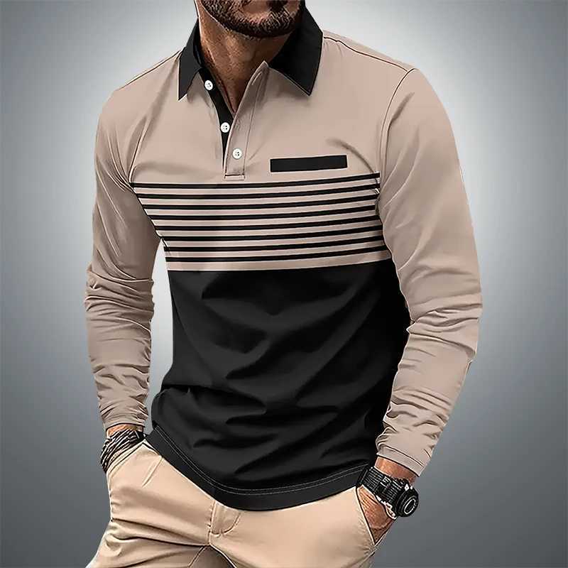 Spring and Autumn mens long SVED shirt classic business casual shirt 3D striped printed casual T-shirt W241106