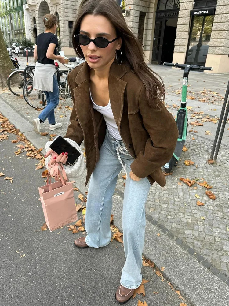 Chic Brown Suede Jacket For Women Elegant Lapel Long Sleeve Single Breasted Pockets Coats Autumn Office Lady Commuting Outwear 241106